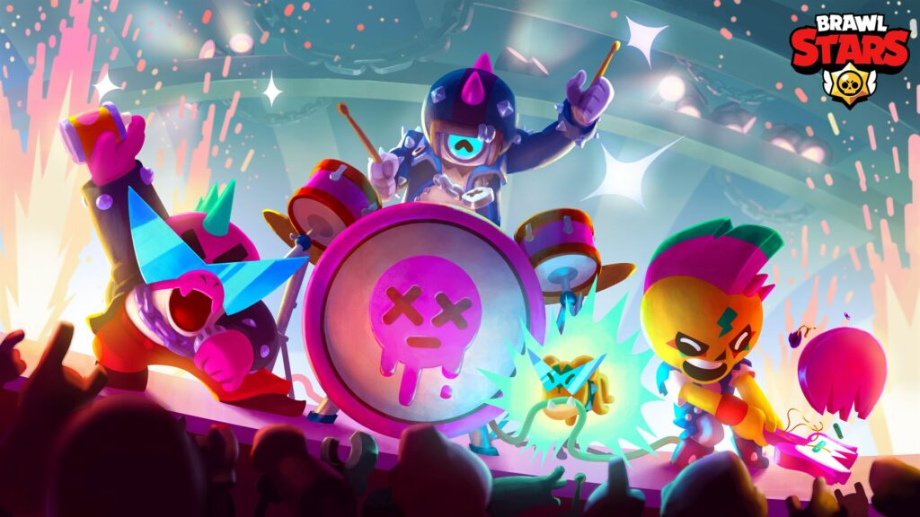 Brawl Stars Elternguide - zu sehen ist eine Brawl Stars Animation mit den Brawlern bzw. Champions Buzz, Stu & Poco. Die Brawler spielen Musik.