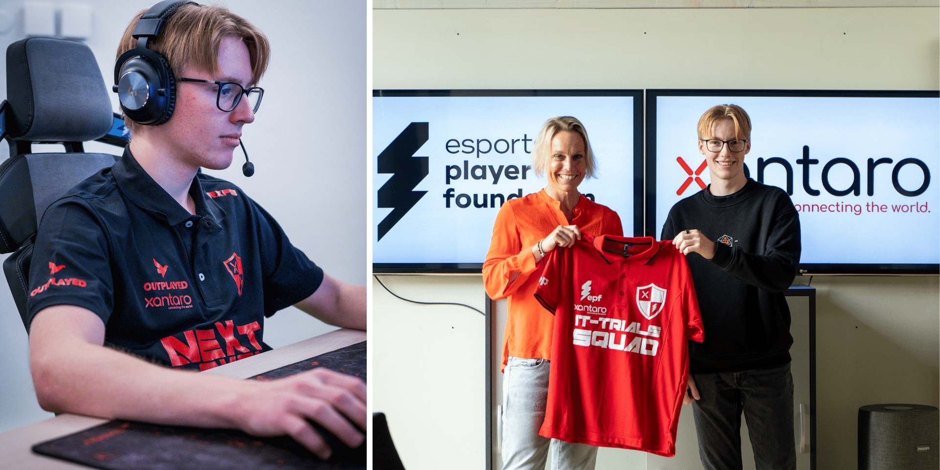 Der Esports Spieler Lasse Lorenz bei der Unterzeichnung und Trikotübergabe für seine Mitgliedschaft und Teilnahme bei den Xantaro IT-Trials. Im Hintergrund sind die Logos der esports player foundation und von Xantaro zu sehen.