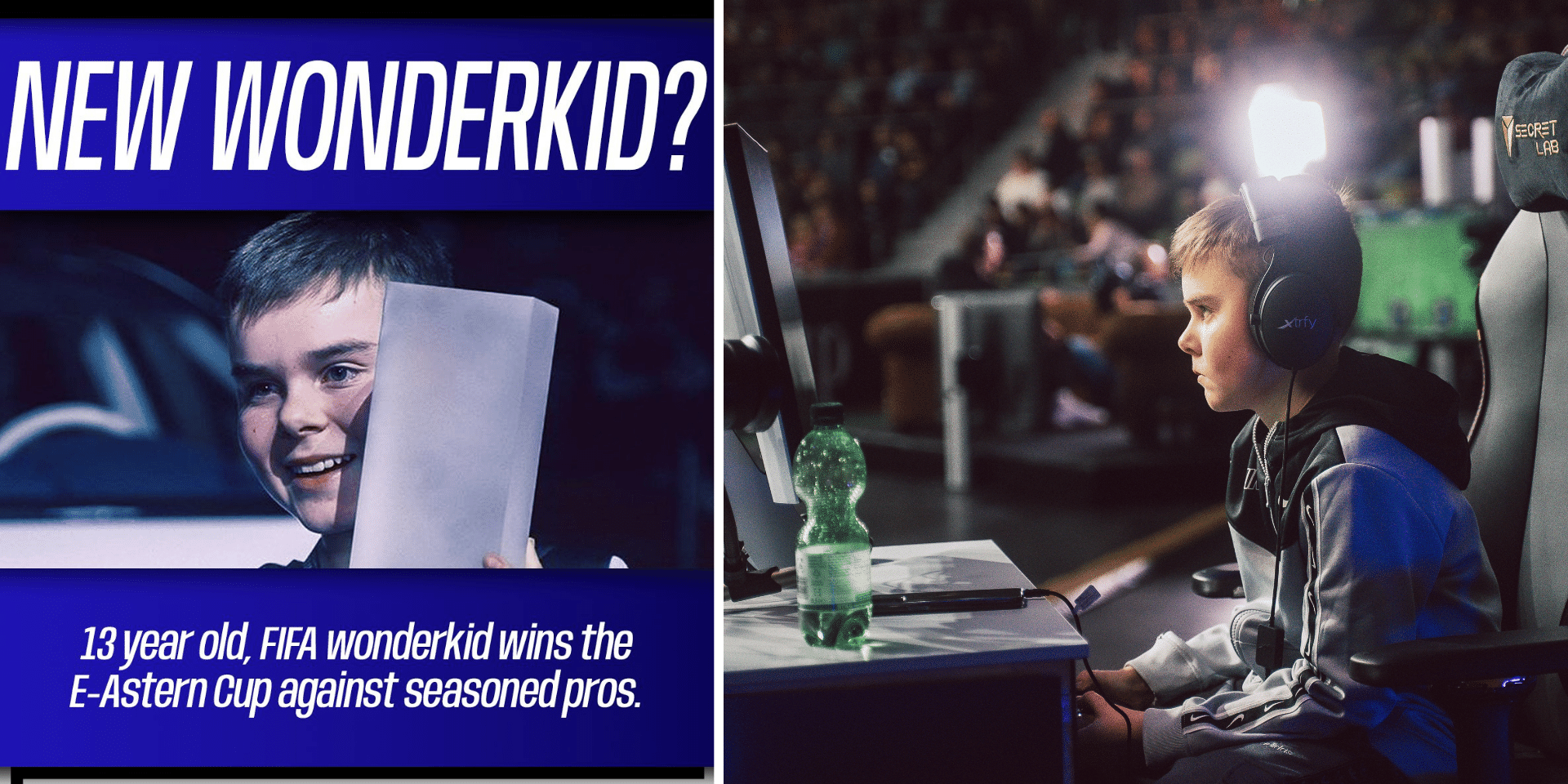 Zu sehen ist das Esports Wunderkind Robert Brysik wie er auf dem E-Aster Cup EA FC spielt und die FIFA ihn als Esports Wonderkid bezeichnet.