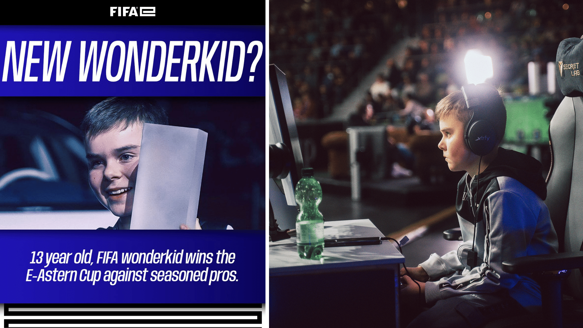 Zu sehen ist das Esports Wunderkind Robert Brysik wie er auf dem E-Aster Cup EA FC spielt und die FIFA ihn als Esports Wonderkid bezeichnet.