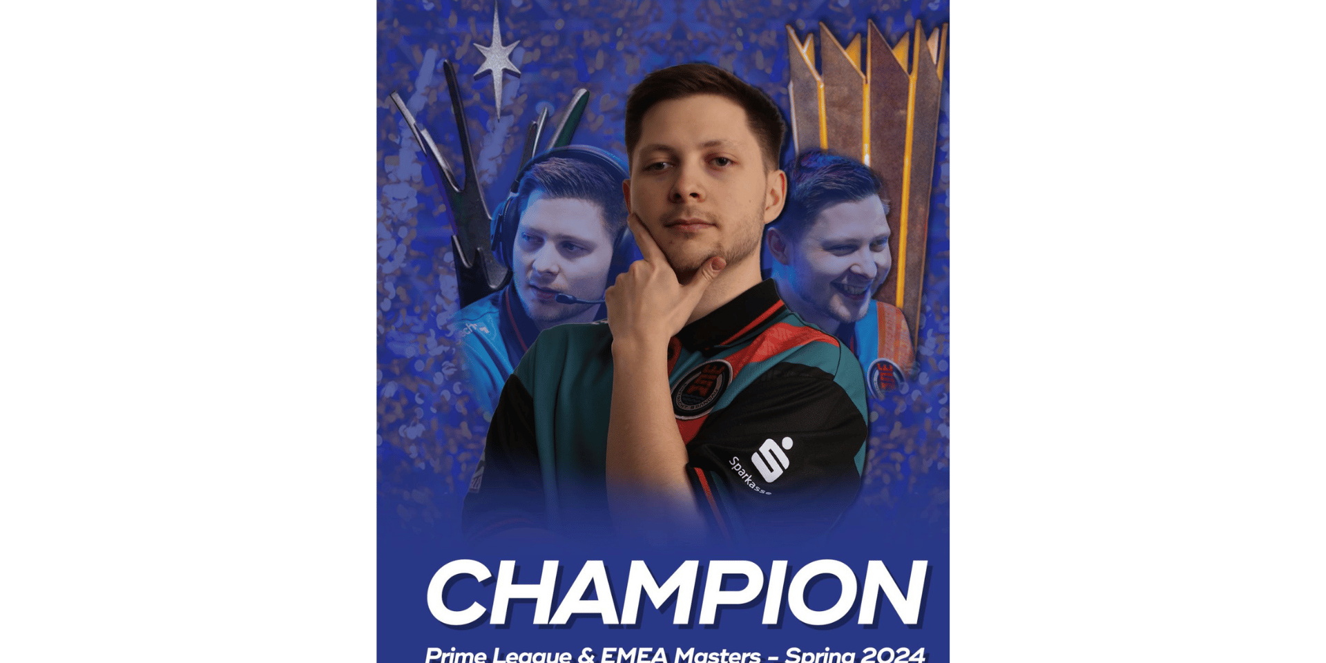 Zu sehen sind drei Bilder von Philipp Englert, Gamertag Lilipp, Spieler bei Eintracht Spandau und Gewinner der EMEA Masters. Lilipp wird von der esports player foundation gefördert und auf seinem Trikot sind das Eintracht Spandau Wappen, sowie das Sparkassen Logo zu sehen. Der Hintergrund ist blau und im Subtext steht: Champion Prime League & EMEA Masters - Spring 2024
