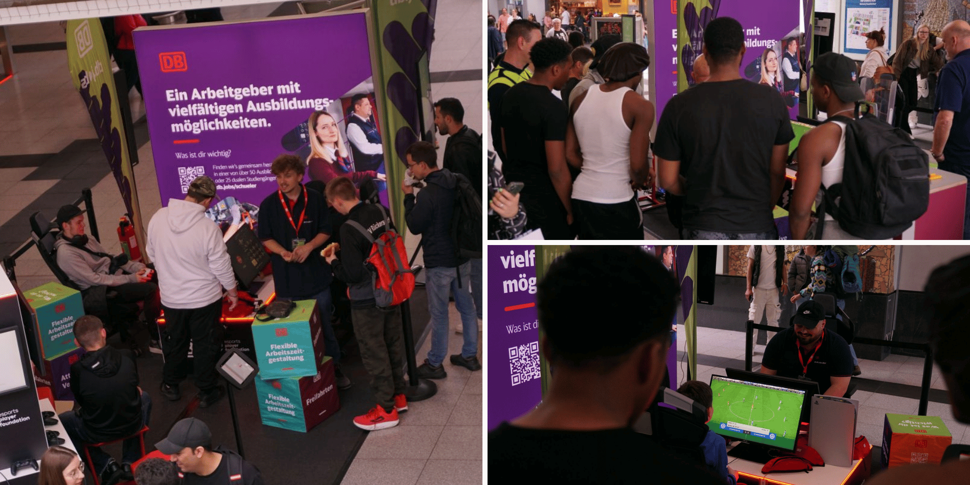 Zu sehen ist das Event Esports im Bahnhof von esports player foundation und Deutsche Bahn im Rahmen des Deutsche Bahn Esports Stipendiums. Es gibt EA FC Gaming Stationen und eine Vielzahl an Besuchern, die die Spiele und Esports im Bahnhof testen wollen. Dabei können sie sich für einen Job bei der Deutschen Bahn bewerben und das Deutsche Bahn Esports Stipendium.