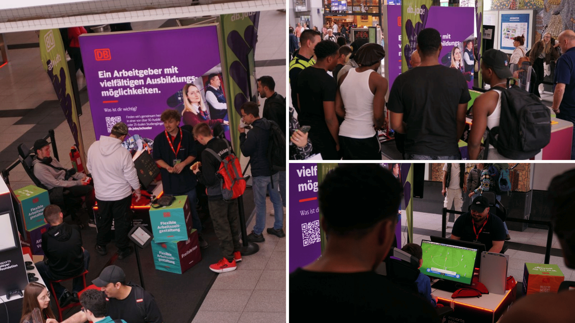 Zu sehen ist das Event Esports im Bahnhof von esports player foundation und Deutsche Bahn im Rahmen des Deutsche Bahn Esports Stipendiums. Es gibt EA FC Gaming Stationen und eine Vielzahl an Besuchern, die die Spiele und Esports im Bahnhof testen wollen. Dabei können sie sich für einen Job bei der Deutschen Bahn bewerben und das Deutsche Bahn Esports Stipendium.