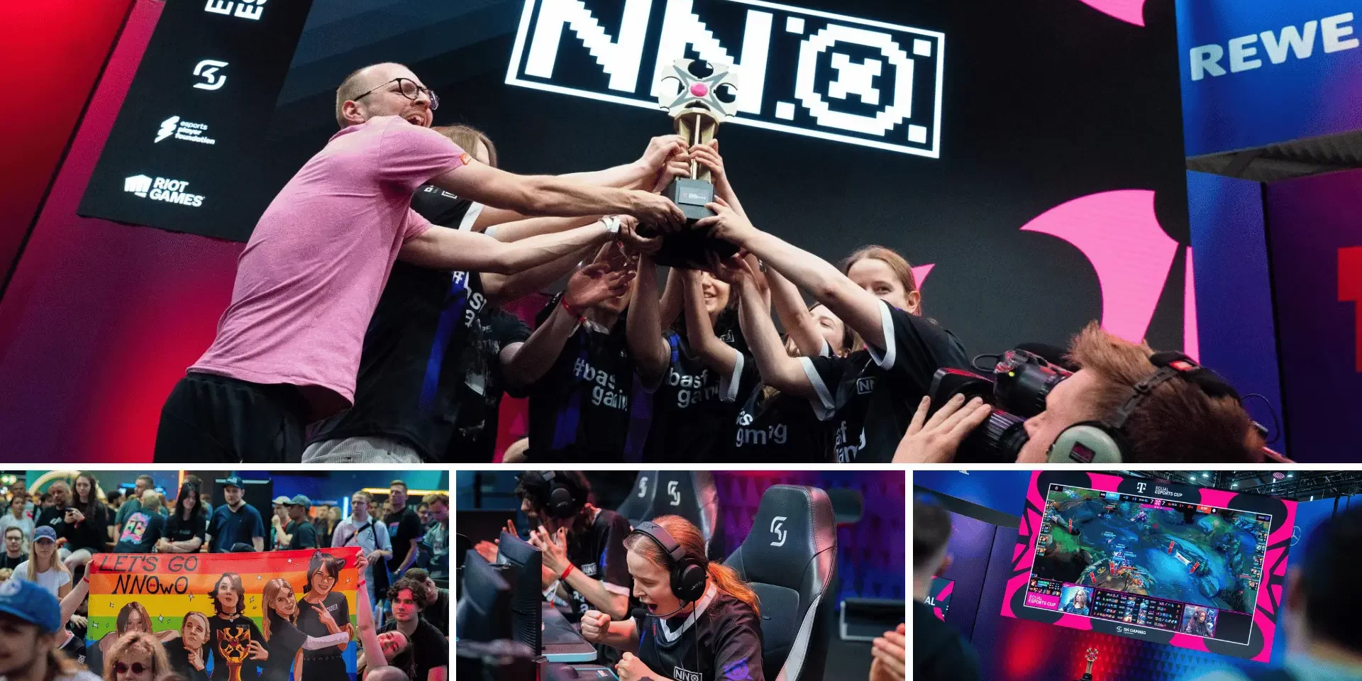 Spielerinnen des Esports Teams NNOwO halten den Equal eSports Cup Pokal in die Höhe und jubeln. Im Publikum halten Fans Plakate mit dem NNOwO Aufdruck in die Höhe und beobachten die Leinwand, auf welcher der Equal eSports Cup und League of Legends übertragen werden.