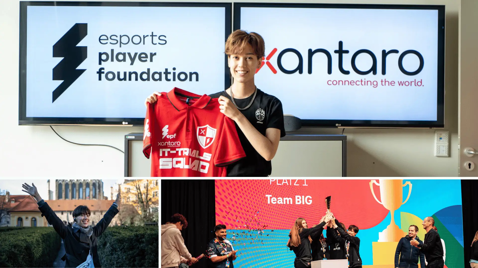 Das IT-Trial Mitglieder Miki Maurer hält ein Trikot der Xantaro IT-Trials hoch, während er vor den Logos der esports player foundation und Xantaro steht. Miki Maurer ist zu sehen, wie er den Equal eSports Cup auf dem Equal eSports Festival 2023 mit Berlin International Gaming kurz BIG gewonnen hat.