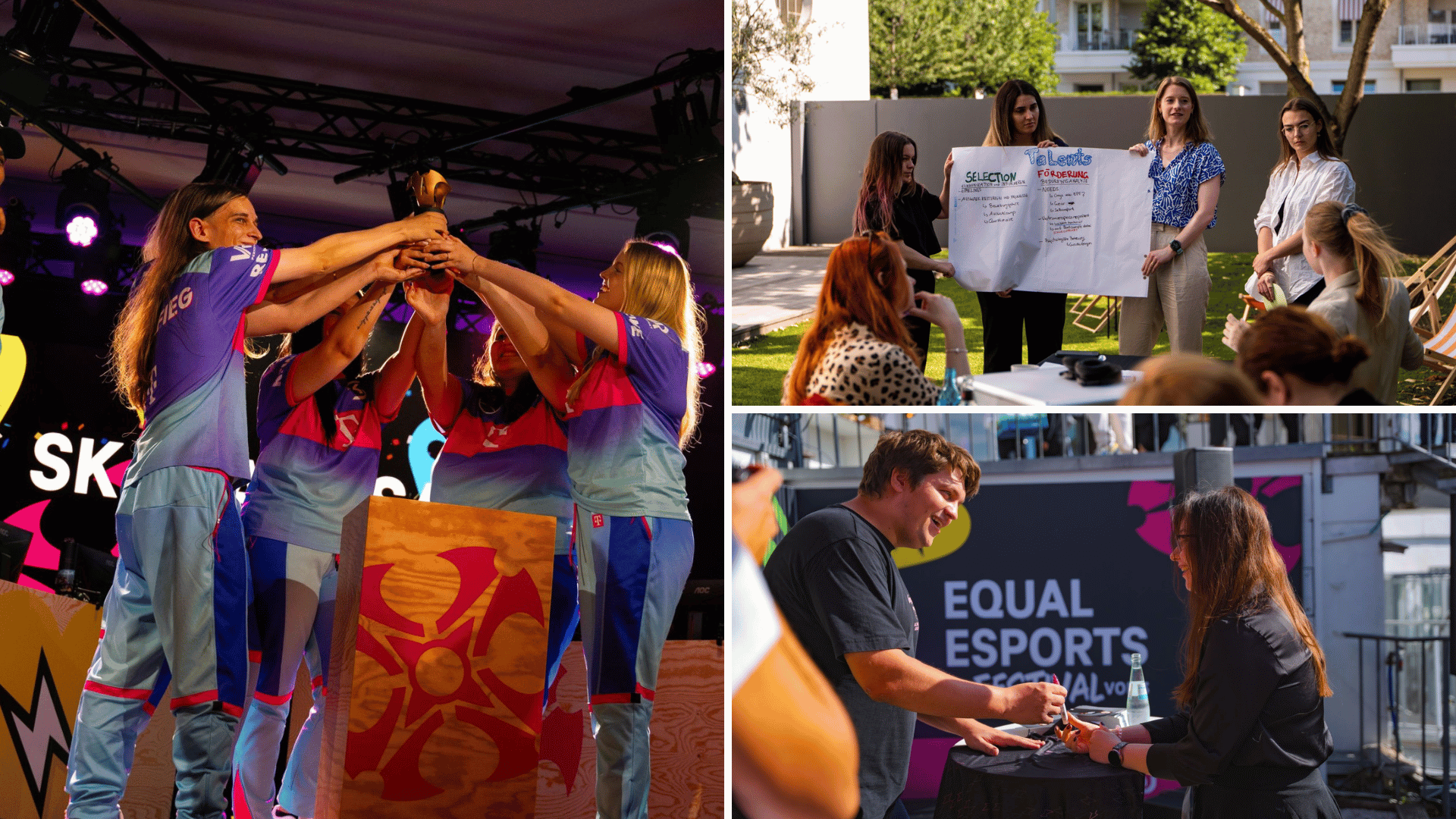 Spielerinnen der Equal eSports Initiative halten den Equal eSports Cup Pokal, das Turnier der Equal eSports Initiative in die Höhe, ebenso schütteln Fans dem Influencer Noway4u die Hand auf dem Equal eSports Festival und die Mitgliederinnen des Equal eSports Councils stellen neue Pläne und die Ideen im Garten der Julia Stoschek Foundation Düsseldorf zur Equal eSports Initiative vor.
