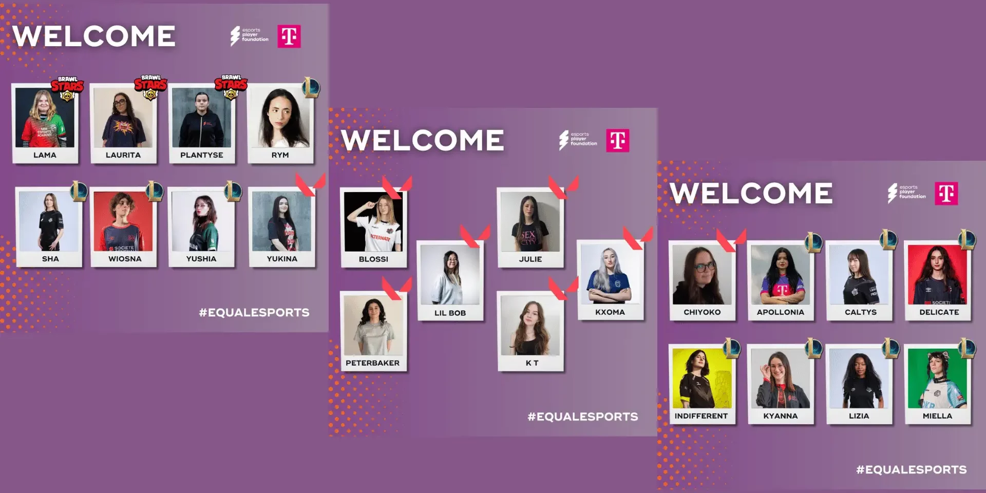 Die Esports Stipendiatinnen der Equal eSports Talent-Förderung für die Equal eSports Talent-Förderung 2024 sind auf kleinen Graphiken zu sehen neben dem Logo der Telekom und der Schrift Equal eSports Talents -Förderung.