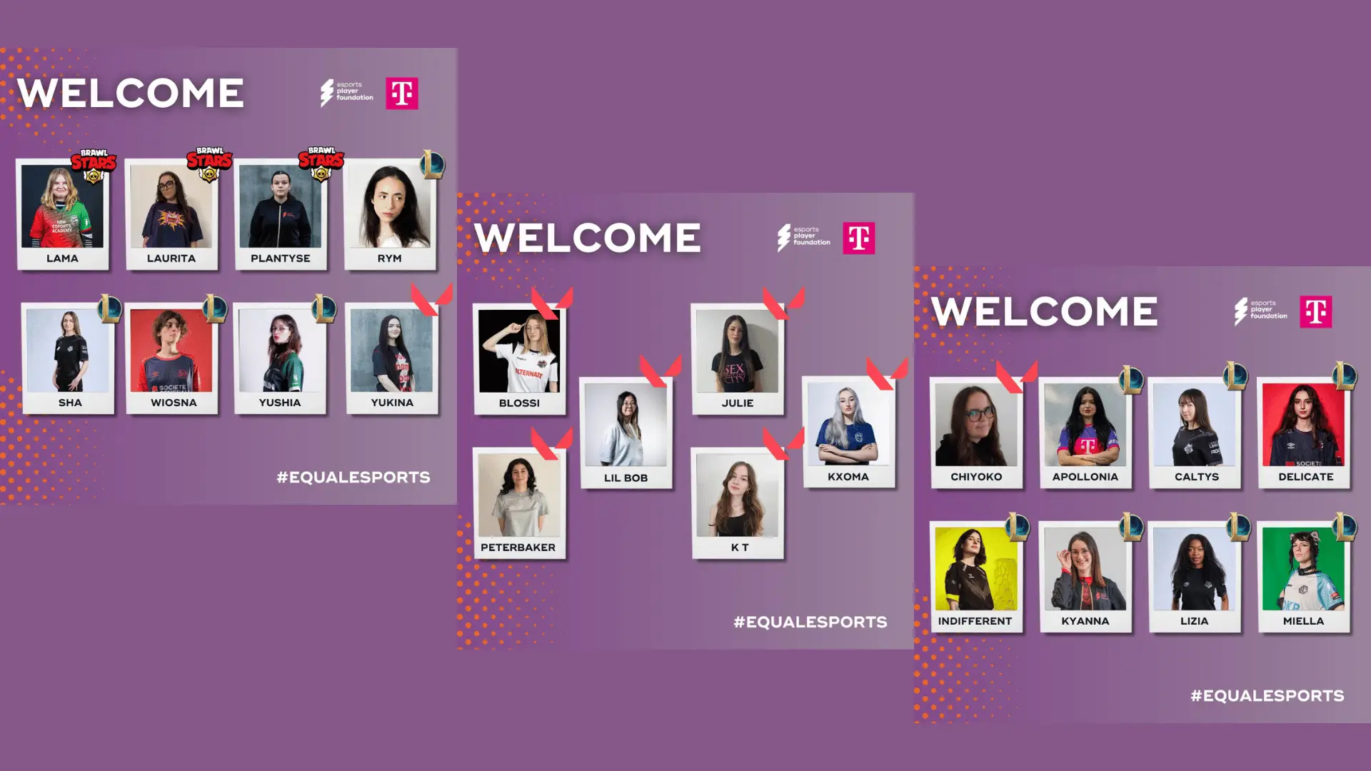 Die Esports Stipendiatinnen der Equal eSports Talent-Förderung für die Equal eSports Talent-Förderung 2024 sind auf kleinen Graphiken zu sehen neben dem Logo der Telekom und der Schrift Equal eSports Talents -Förderung.