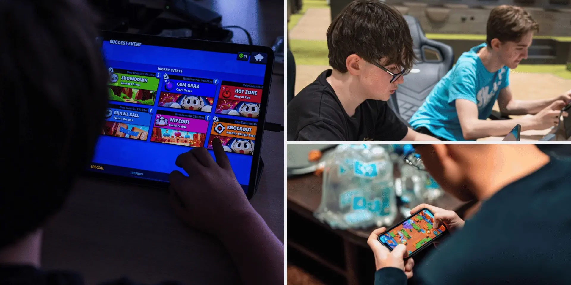 Brawl Stars Esports Spieler, sitzen vor Mobiltelefonen und spielen Brawl Stars, die Bilder zeigen Kinder, welche von einem Brawl Stars Elternguide profitieren könnten.