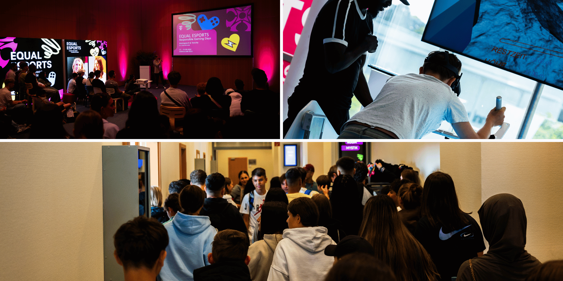 Schülerinnen und Schüler besuchen die Responsible Gaming Days 2024 und lernen in Vorträgen mehr über Responsible Gaming. Die Räume sind im Farbschema von Responsible Gaming eingeleuchtet und dekoriert.