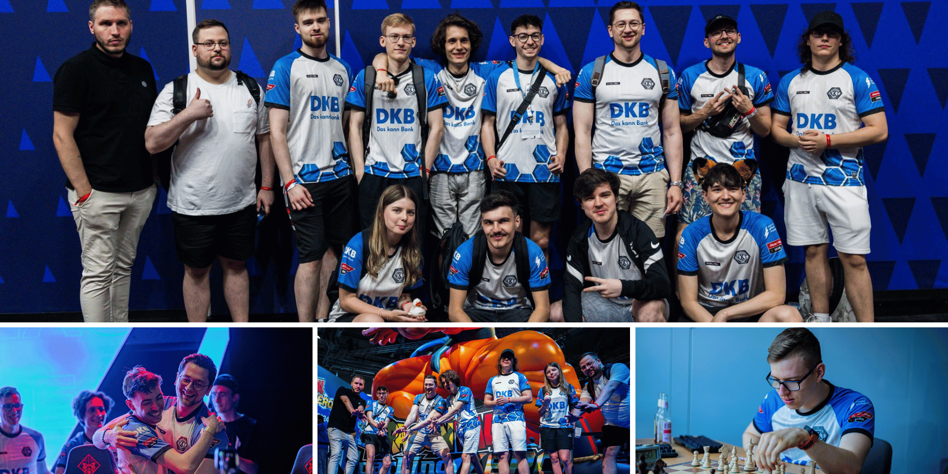 Die League of Legends Esports Spieler der DKB XPERION NXT und DKB XPERION NXT RAW Teams stehen in ihren DKB XPERION NXT gebrandeten Trikots zusammen für ein Gruppenbild.