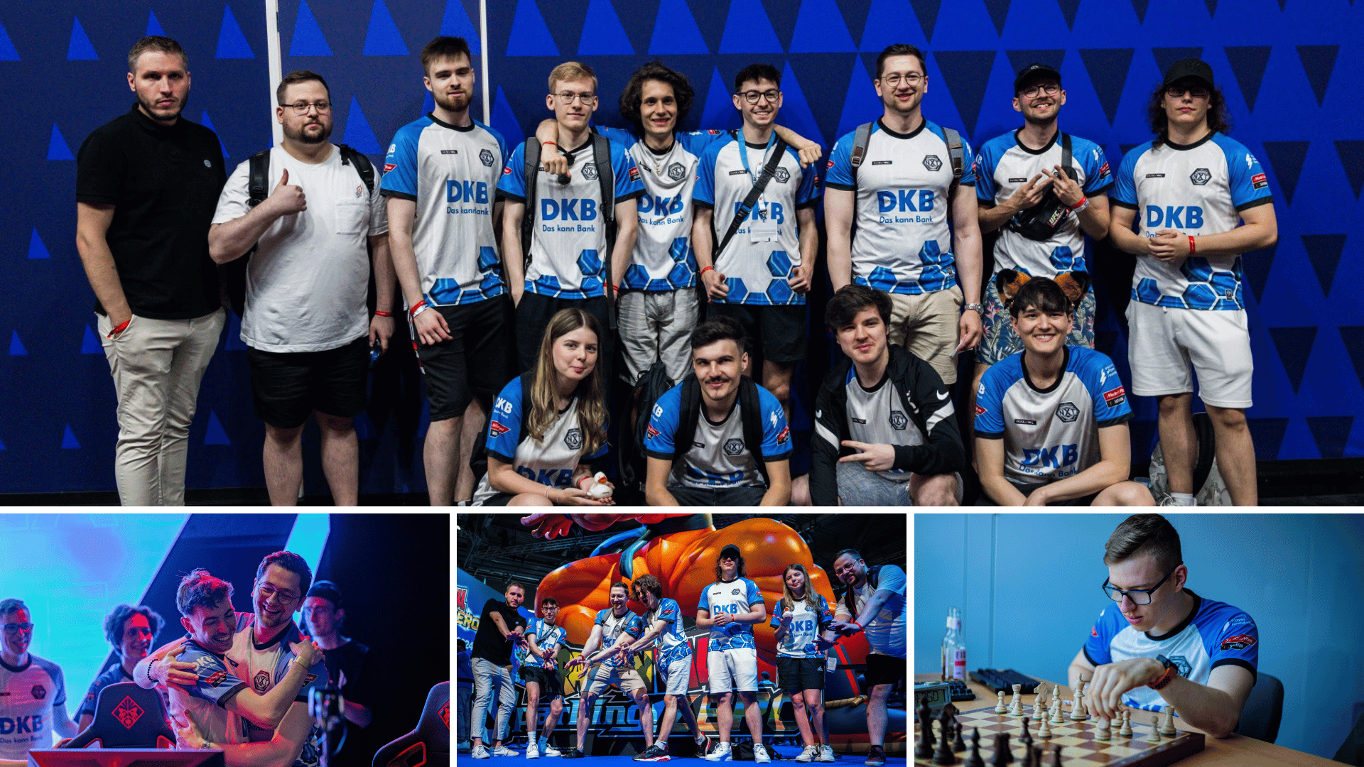 Die League of Legends Esports Spieler der DKB XPERION NXT und DKB XPERION NXT RAW Teams stehen in ihren DKB XPERION NXT gebrandeten Trikots zusammen für ein Gruppenbild.