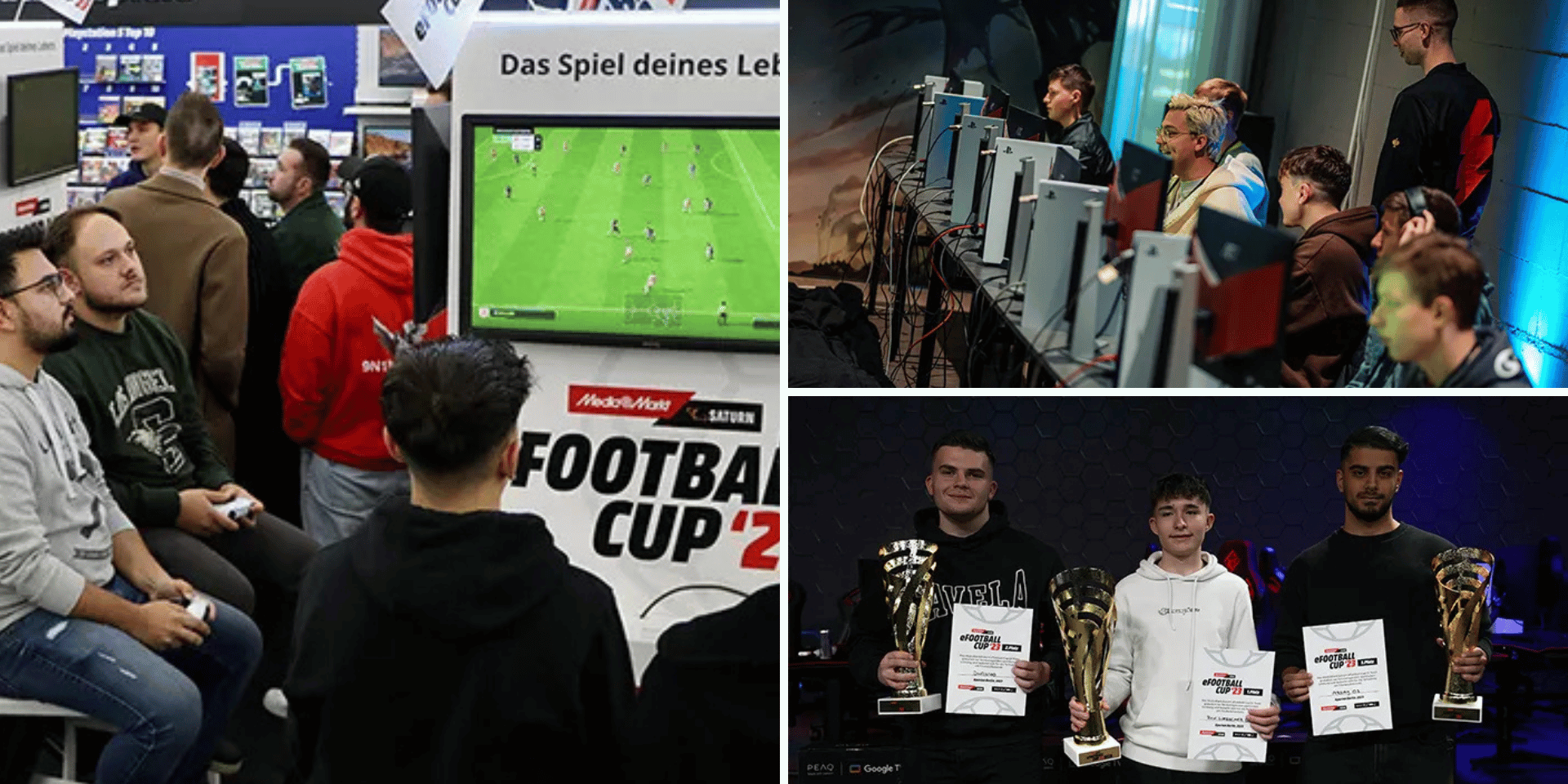 EA FC Spieler nehmen am Next Gen Cup von MediaMarkt Saturn teil. Im rechten Bild sind die Gewinner des MediaMarkt Saturn Next Gen Cup 2023 zu sehen. Im rechten Bild oben sind EA FC Spieler zu sehen wie sie von einem Esports Coach der esports player foundation trainiert werden.