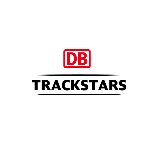 Logo der DB Trackstars - Schriftzug Trackstars unter dem ikonischen DB Logo in rot & weiß