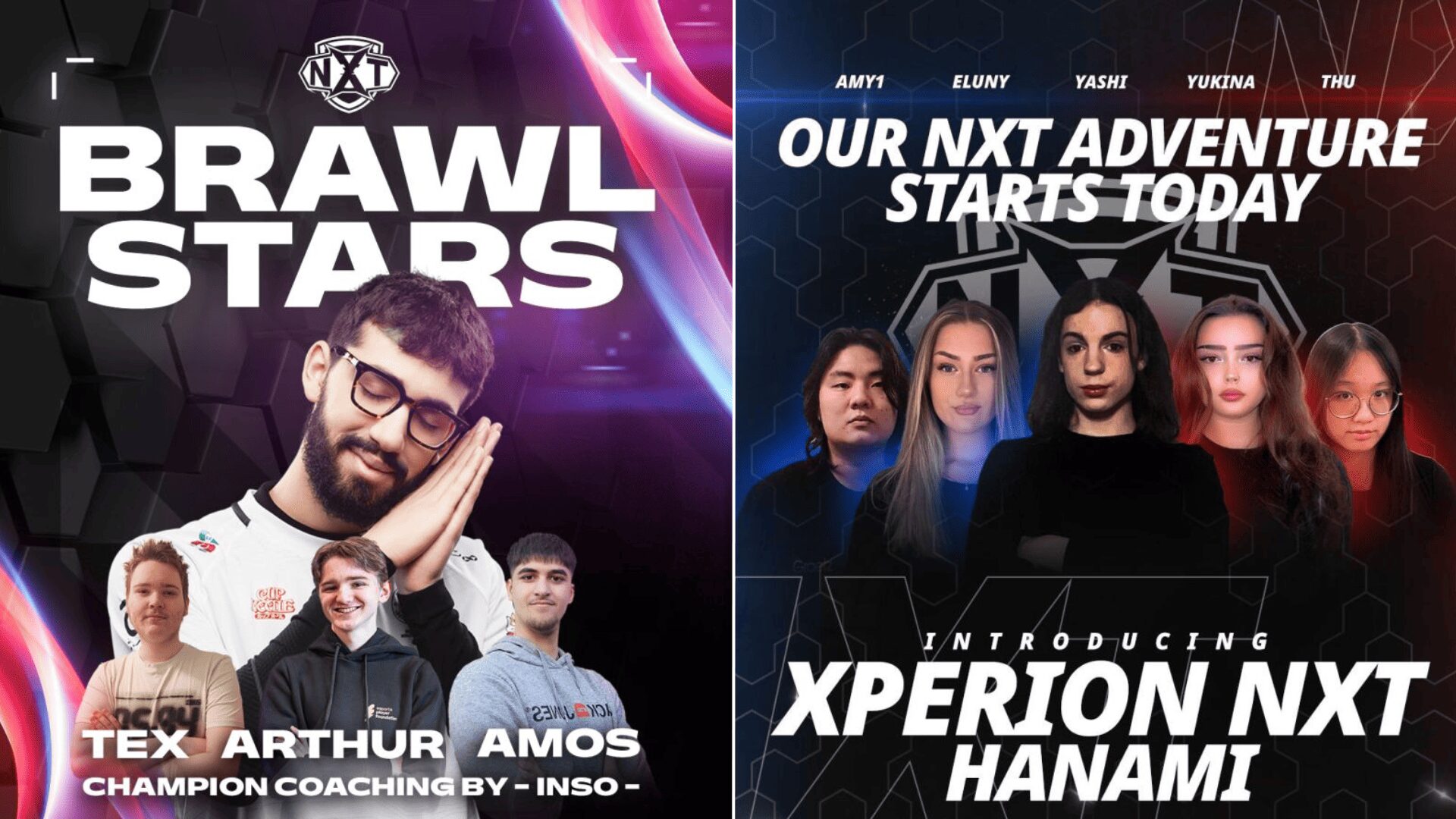 XPERION NXT Teamgrafiken der neu gegründeten Teams in Valorant und Brawl Stars. Zu sehen sind die Spieler*innen der Teams & sowie Coaches. In Brawl Stars nimmt Xperion NXT 3 Spieler + 1 Coach auf - in Valorant wurde ein Team mit 5 Spielerinnen gegründet.